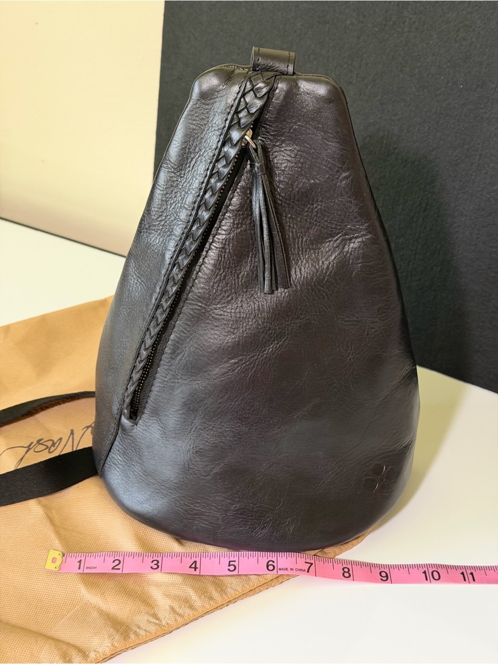 Patricia Nash Black Leather Sling Bag with Tassel Zipper Pull - Picture 5 of 7